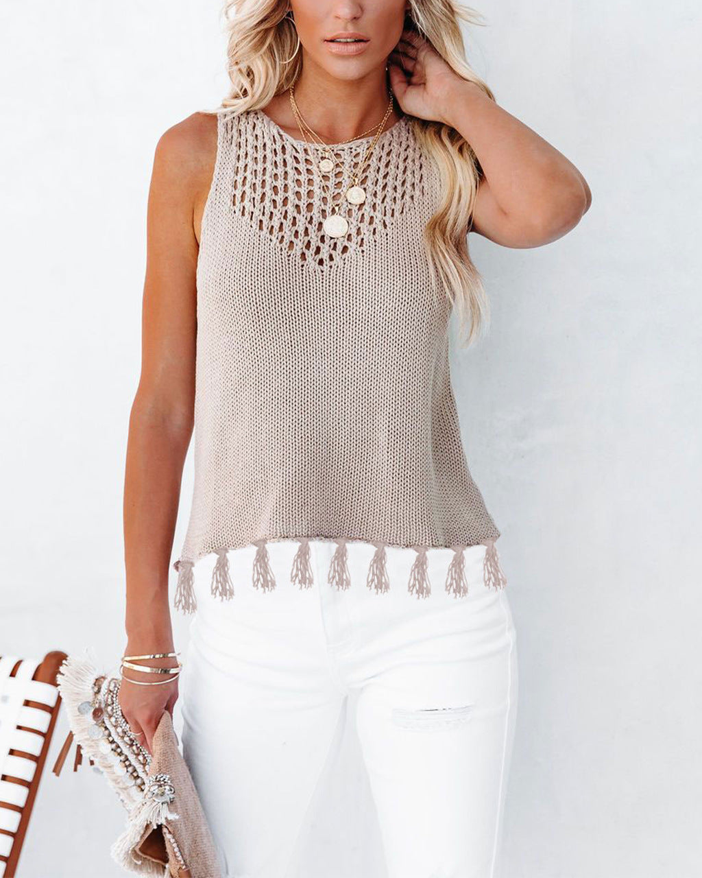 Crochet Knit Tassel Tank Top Sleeveless Boho Summer Top