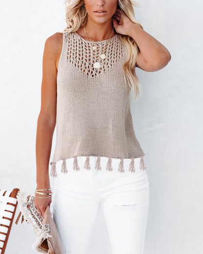 Crochet Knit Tassel Tank Top Sleeveless Boho Summer Top