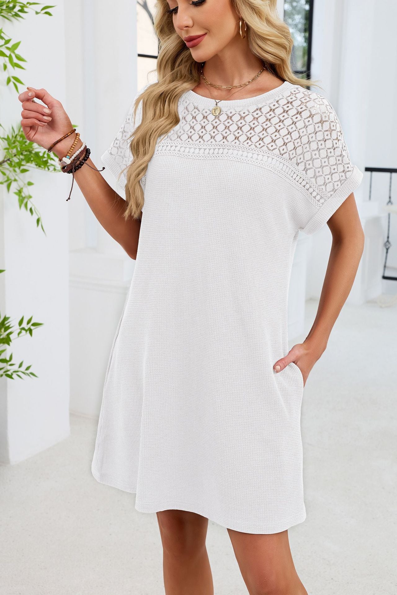 Blue Gray Yoke Loose T Shirt Dress Crew Neck