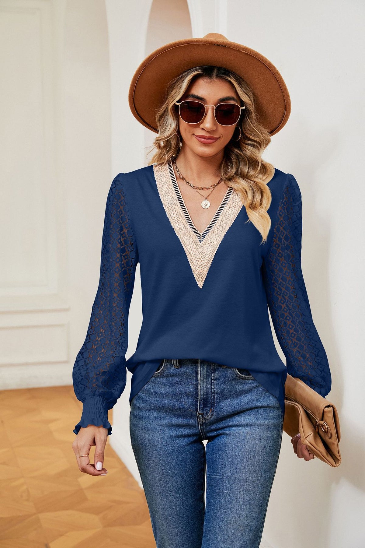 V-Neck Lace Long Sleeve Loose Fit Tunic Top