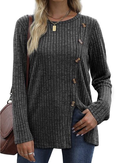 Women's Side Button Ribbed Long Sleeve Tunic Top
