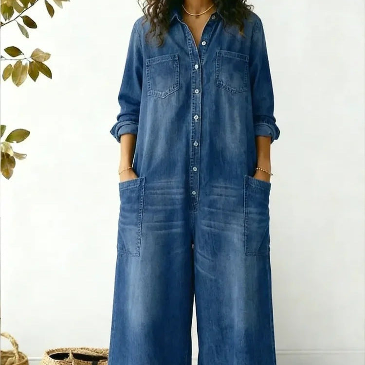 Women's Denim Maxi Shirt Dress Long Sleeve Button Front