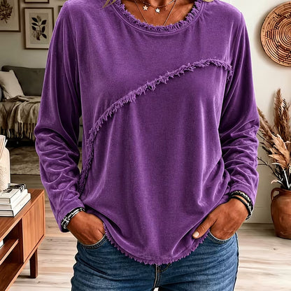 Women's Velvet Fringe Long Sleeve Round Neck Top