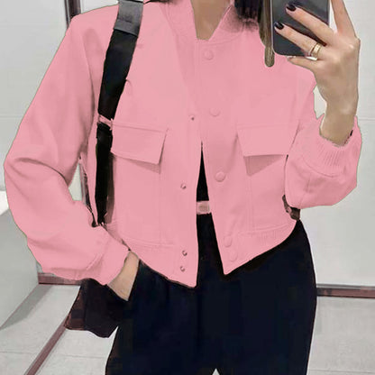 Women's Cropped Utility Jacket Stand Collar Button Front