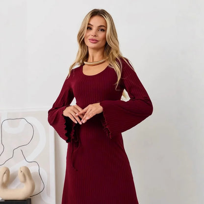 Long Sleeve U Neck Ribbed Knit Tie Back Maxi Dress