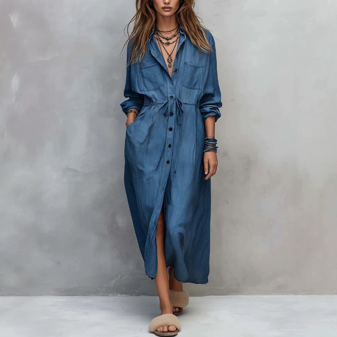 Women Long Sleeve Button Down Shirt Dress Drawstring Midi