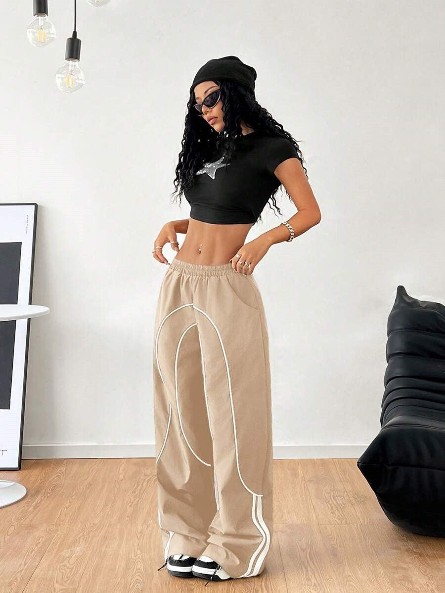 Women Baggy Wide Leg Pants Contrast Trim Low Rise Y2K