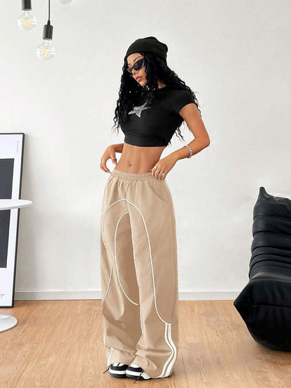 Women Baggy Wide Leg Pants Contrast Trim Low Rise Y2K
