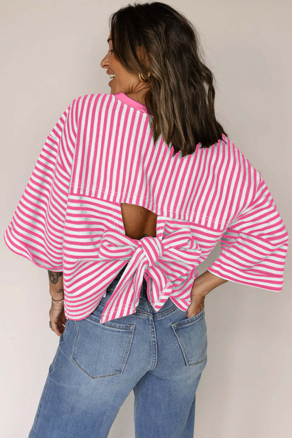 Blue Striped Knit Back Bow Open Back Top Women