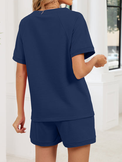 V Neck Short Sleeve Top and Drawstring Shorts Set