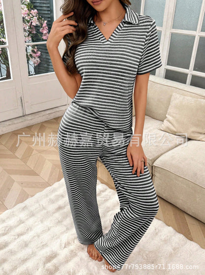Women's Striped Knit Lounge Set V-Neck Top & Pants