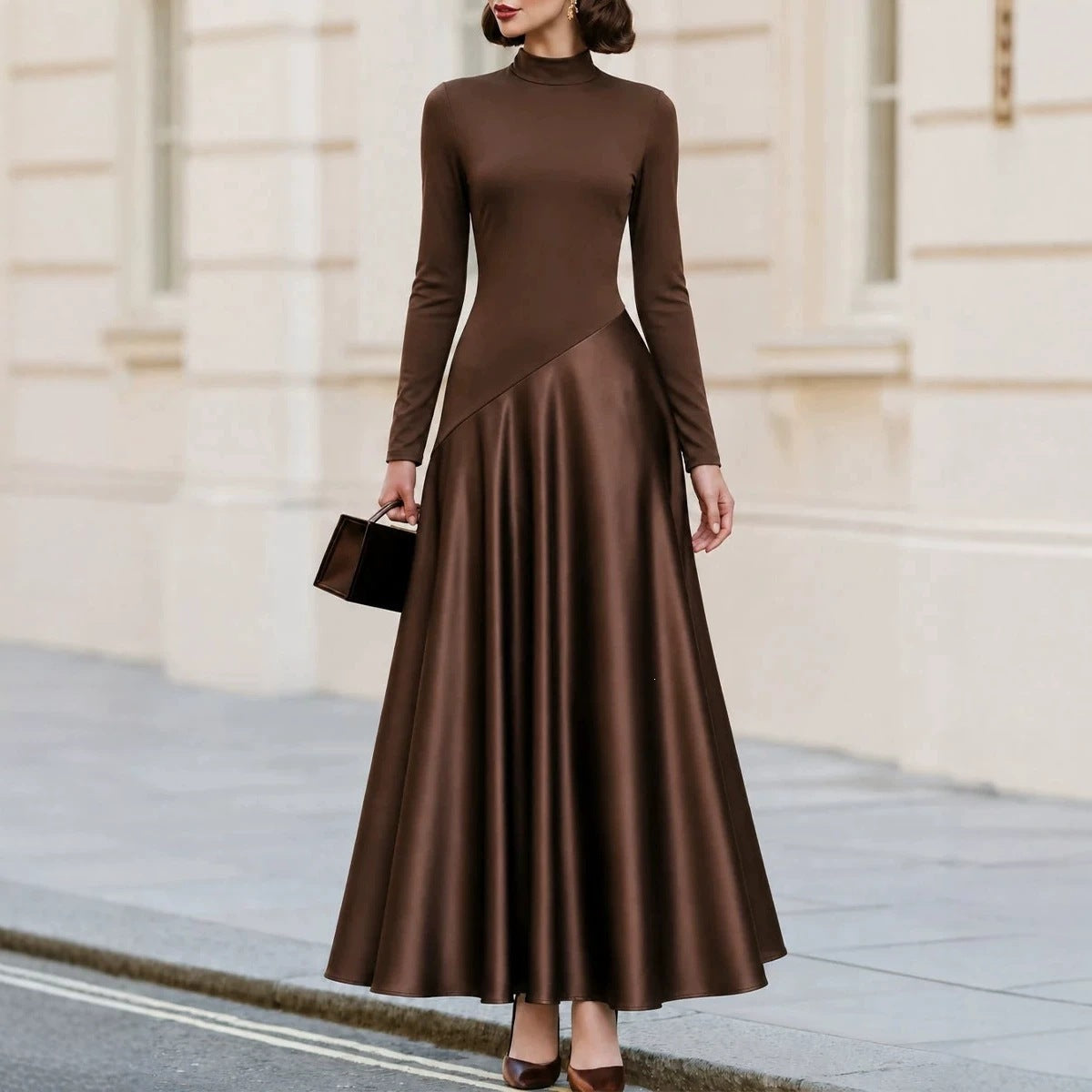 Brown Mock Neck Satin Maxi Dress Long Sleeve Fit Flare