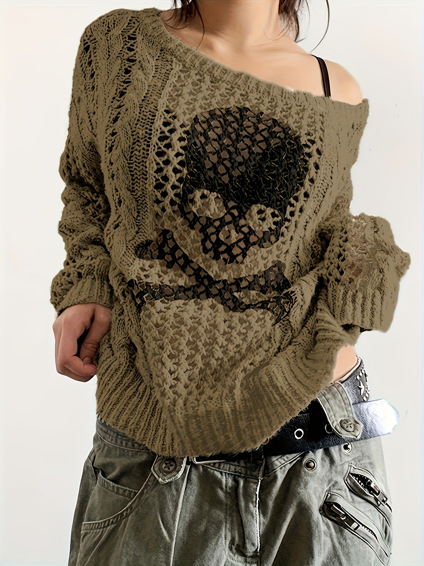 Y2K Gothic Skull Open Knit Oversized Sweater