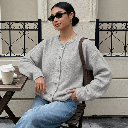 Women's Oversized Crew Neck Button Knit Cardigan