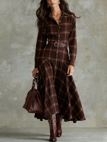 Women's Plaid Shirt Dress Long Sleeve Button Down Maxi