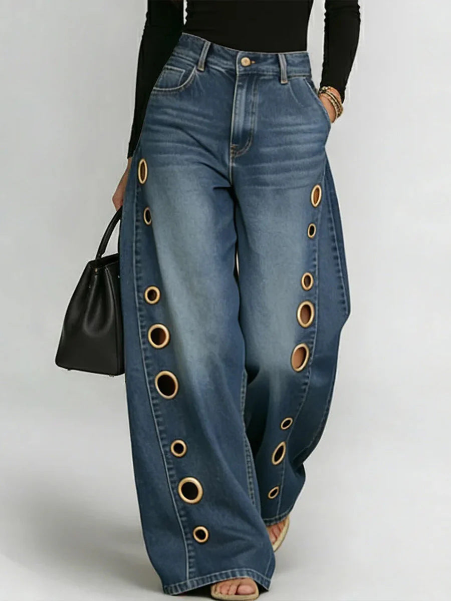 Vintage Wash Metal Eyelet Baggy Wide Leg Cut Out Jeans