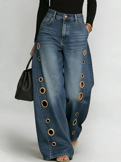 Vintage Wash Metal Eyelet Baggy Wide Leg Cut Out Jeans