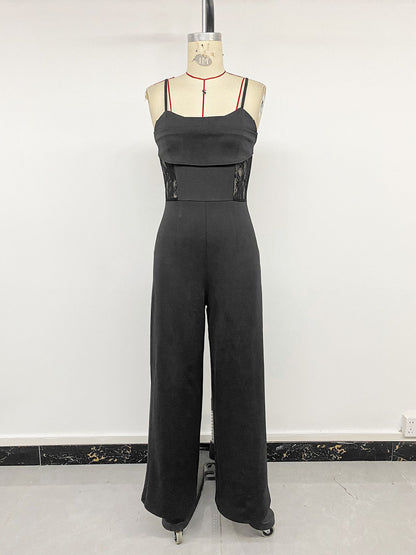 Black Lace Sheer Spaghetti Strap Wide Leg Jumpsuit