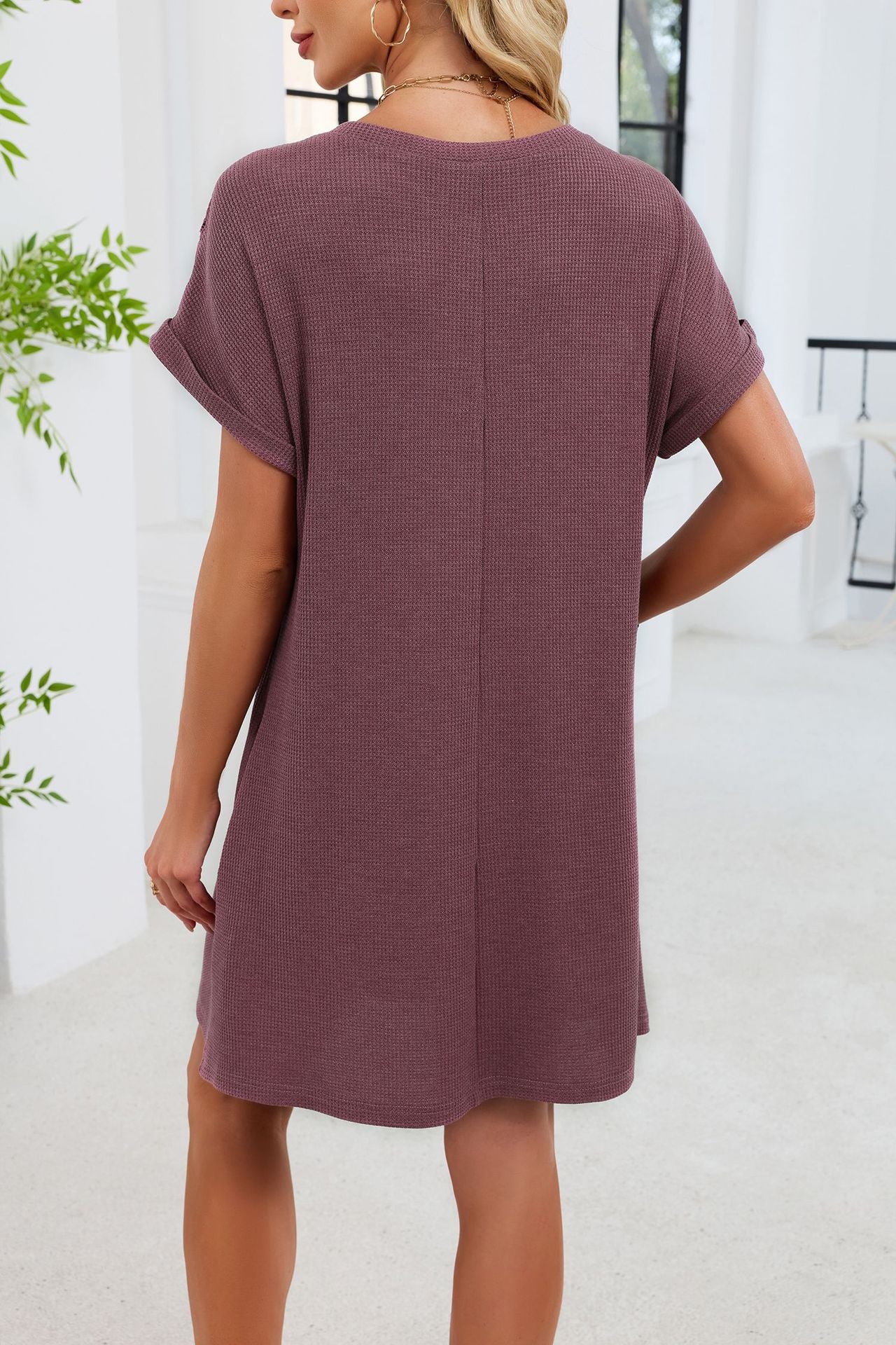 Blue Gray Yoke Loose T Shirt Dress Crew Neck