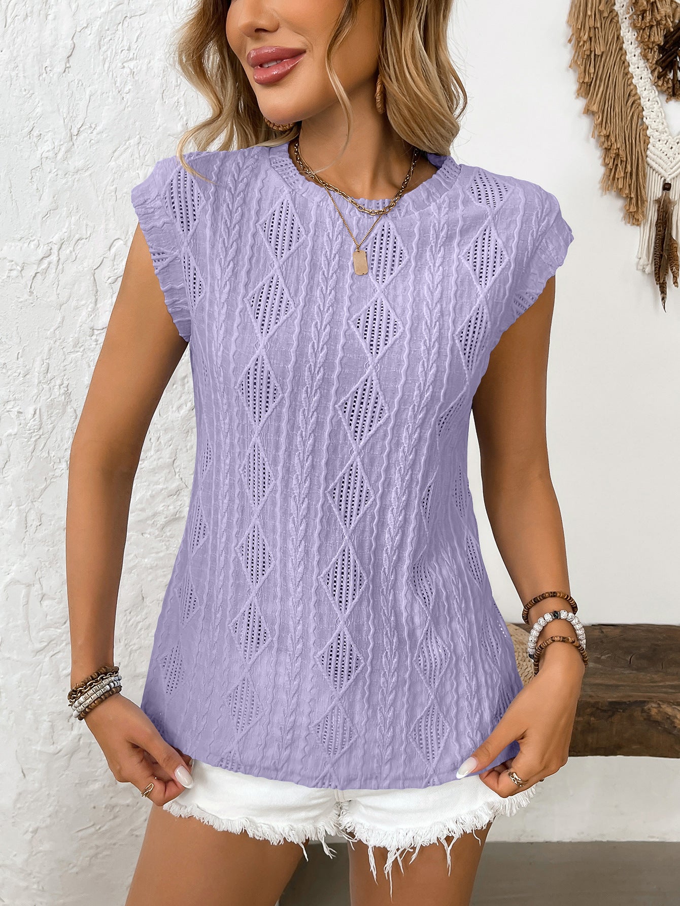Women's Jacquard Sleeveless Top – Casual Summer Tank Blouse