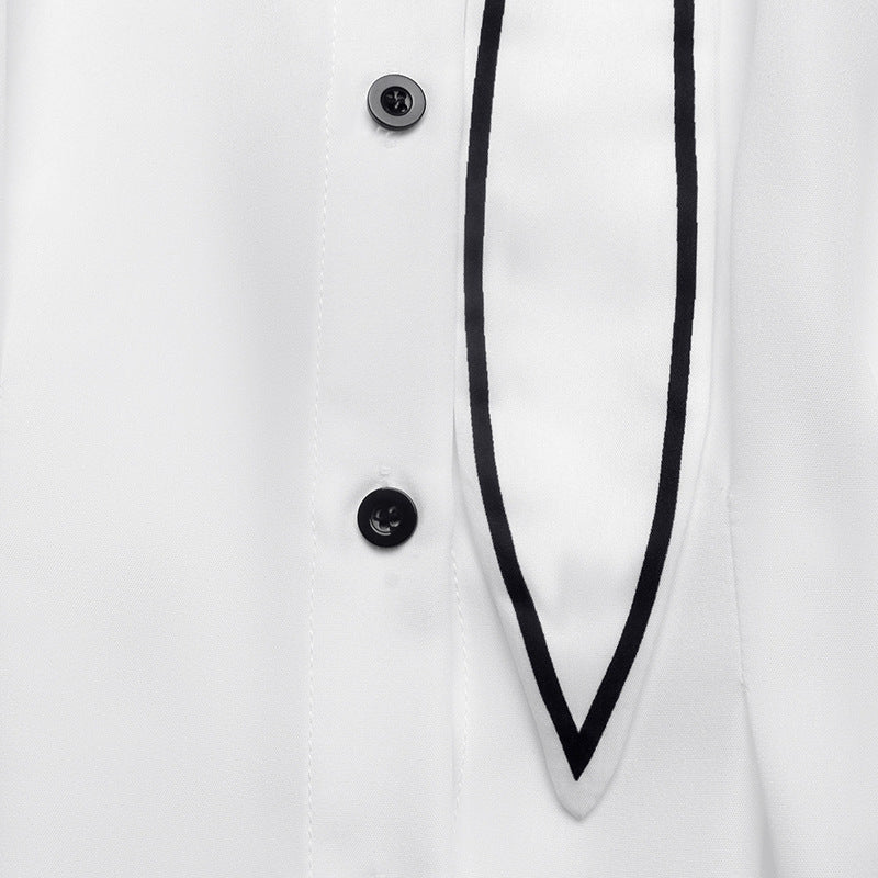 Contrast Trim Tie Neck Peplum Button Down Blouse