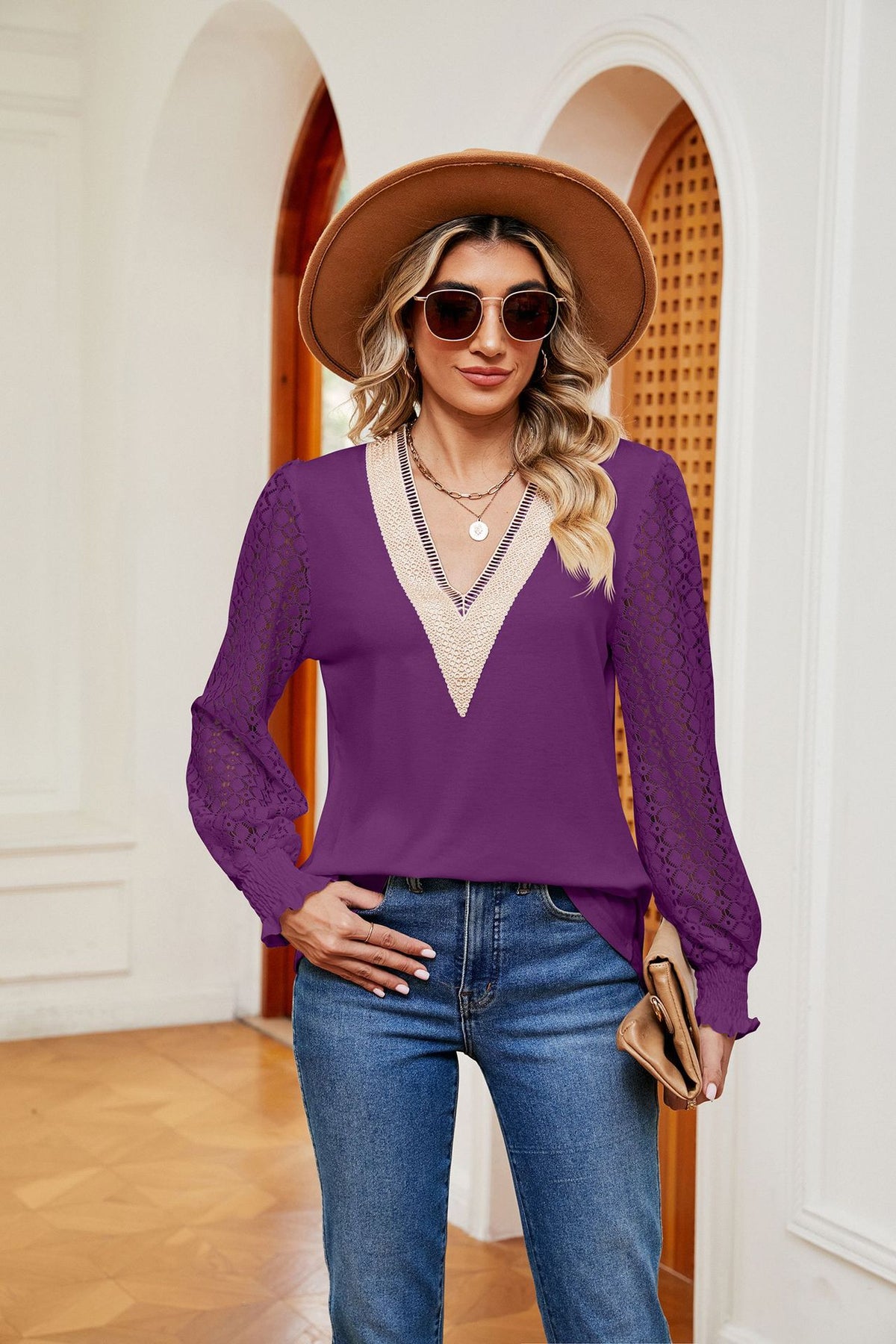 V-Neck Lace Long Sleeve Loose Fit Tunic Top