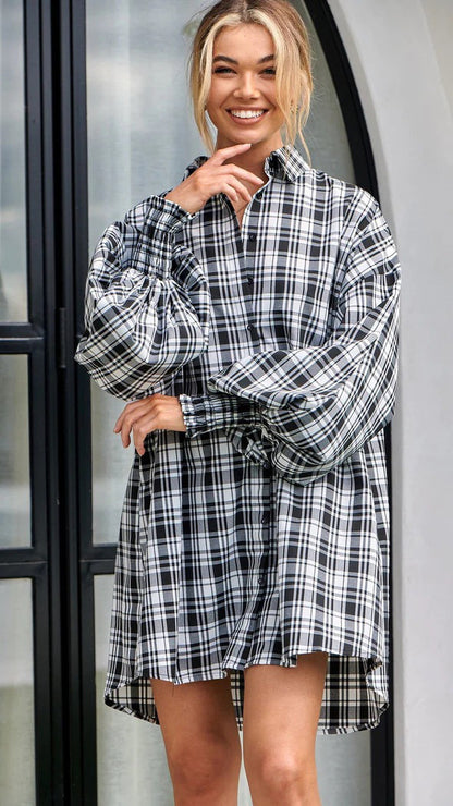 Oversized Plaid Balloon Sleeve Button Down Longline Shirt