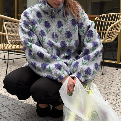 Floral Fleece Half Zip Pullover High Neck Oversized Sweatshirt