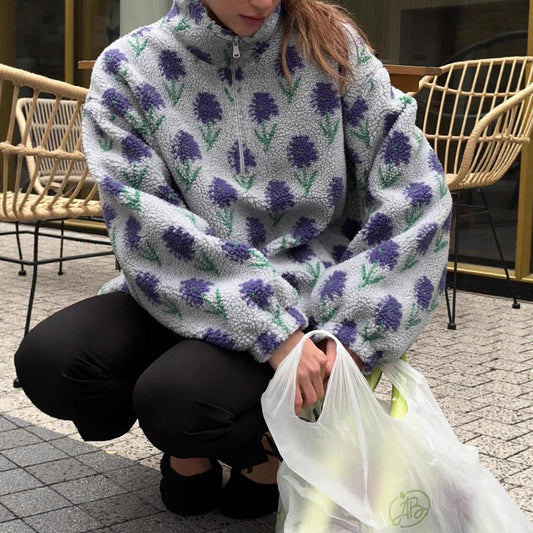 Floral Fleece Half Zip Pullover High Neck Oversized Sweatshirt