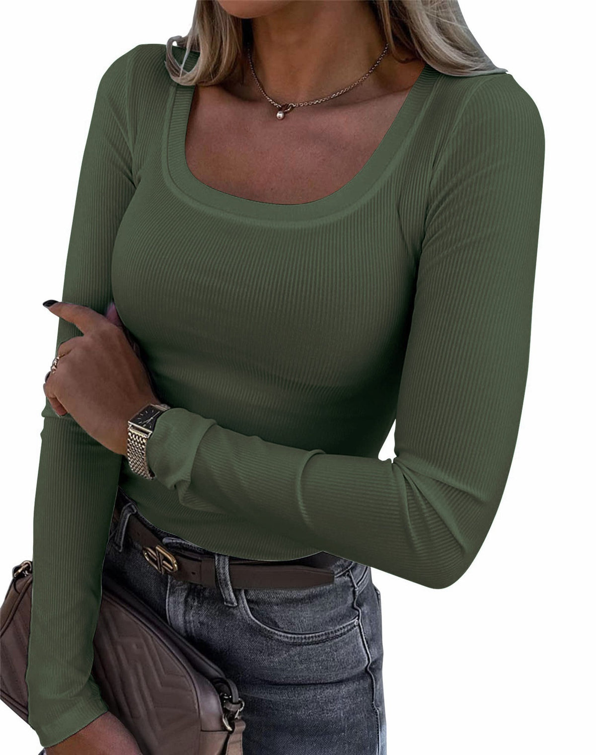Women's Ribbed Scoop Neck Long Sleeve Fitted Top