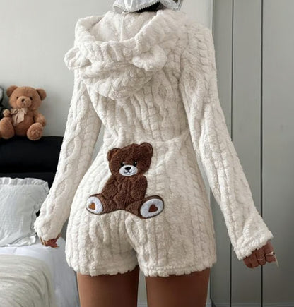 Women's Fuzzy Hooded Teddy Bear Romper Plush Cute
