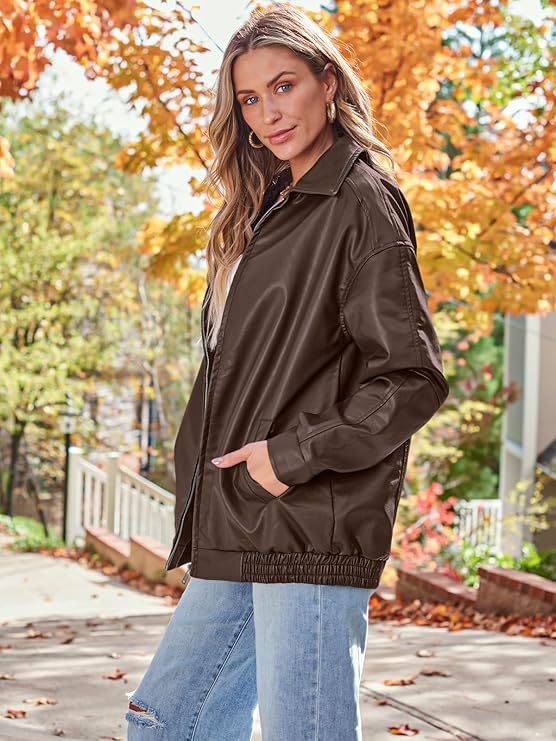 Women's Oversized Faux Leather Moto Jacket Zip Up