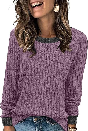 Women's Soft Ribbed Contrast Trim Long Sleeve Crew Neck Top