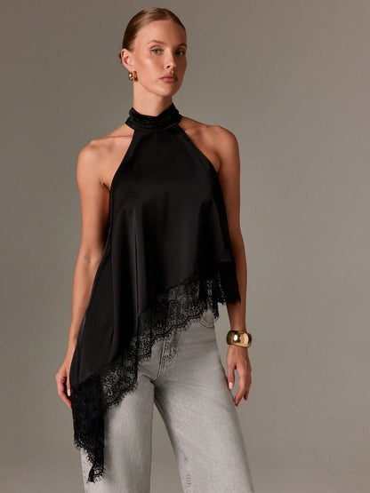 Satin Lace Trim Halter Tank Sleeveless Summer Top