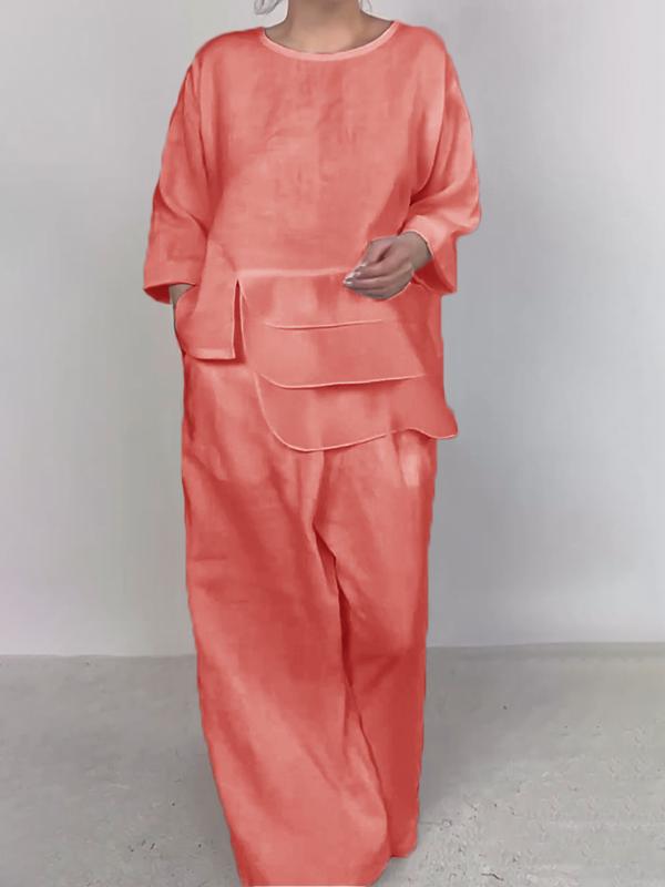 Satin Layered Top Wide Leg Pants Two Piece Set