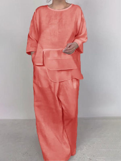 Satin Layered Top Wide Leg Pants Two Piece Set
