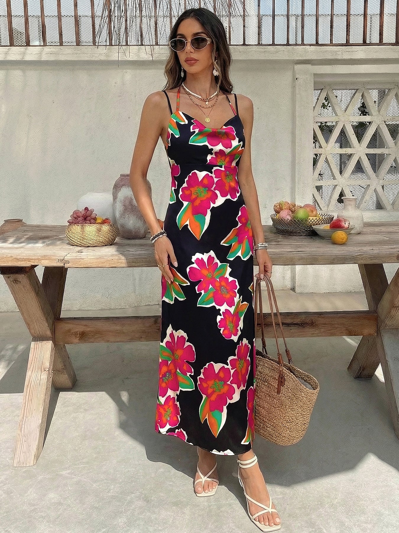 Floral Print Spaghetti Strap Dress Mid-Length Vacation Style