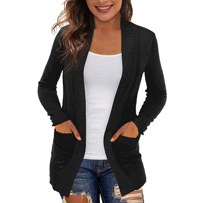 Women's Open Front Knit Cardigan with Pockets Long Sleeve