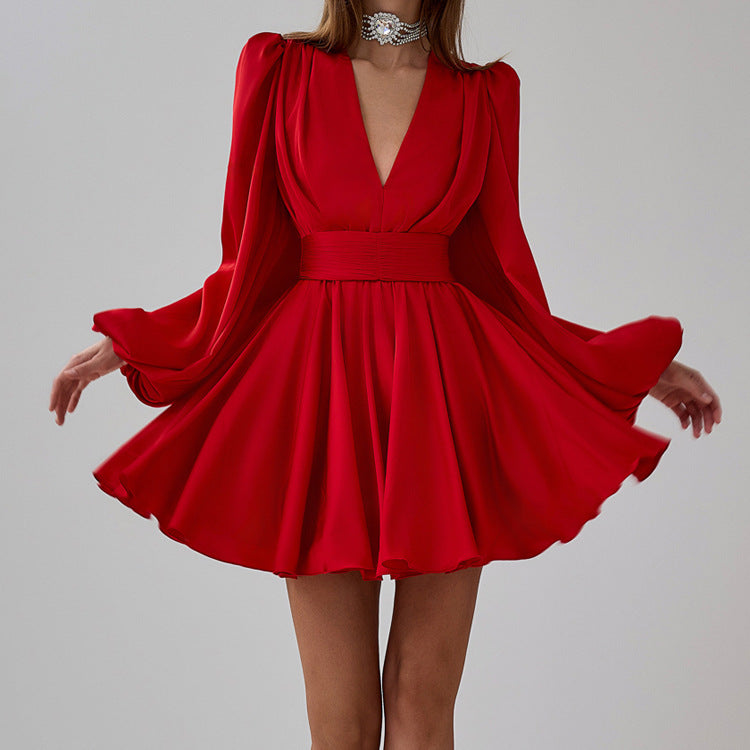 Satin V-Neck Puff Sleeve Belted A-Line Mini Dress