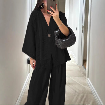 Oversized V-Neck Button Top & Wide Leg Pants Matching Set