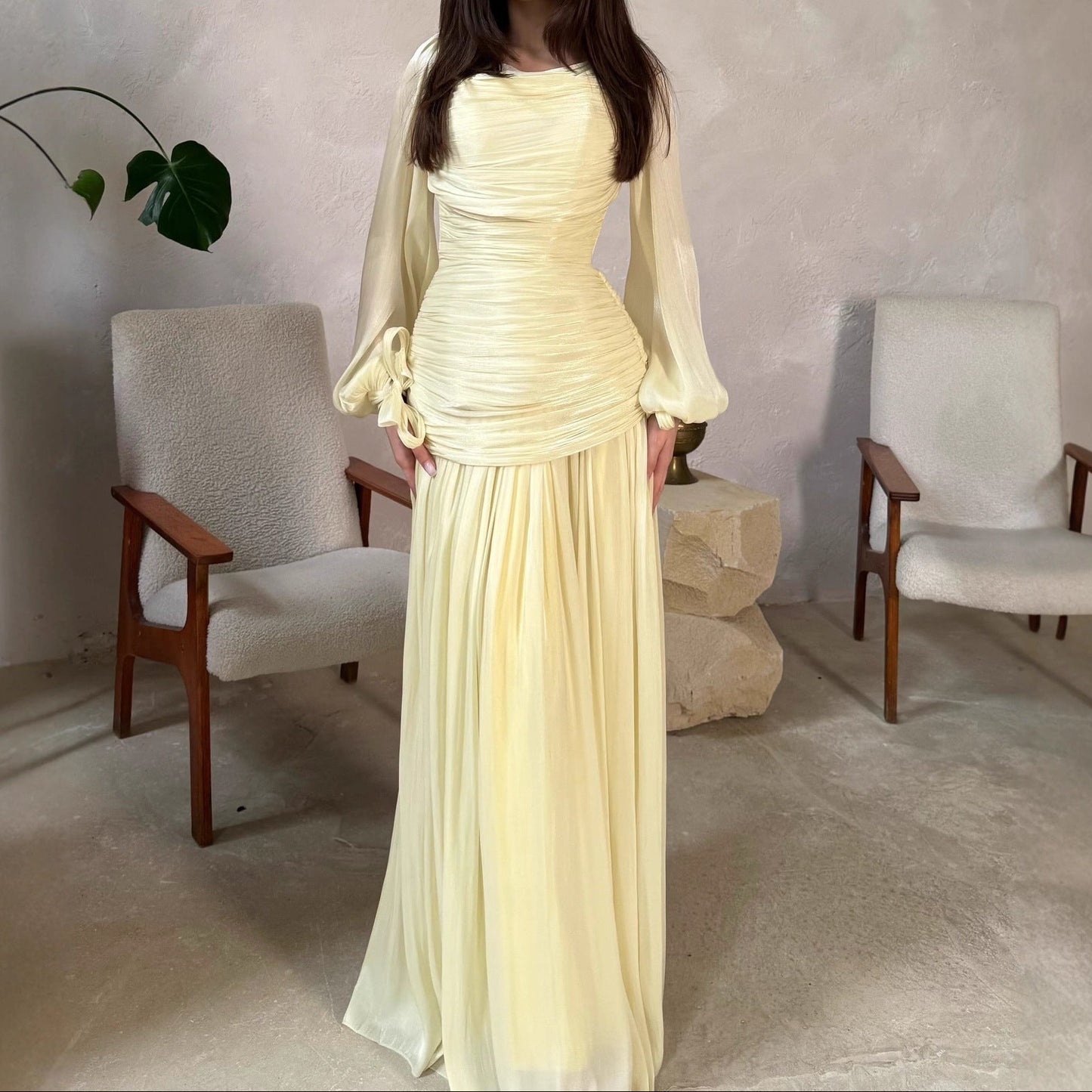 Satin Ruched Long Sleeve Maxi Dress Wedding Guest