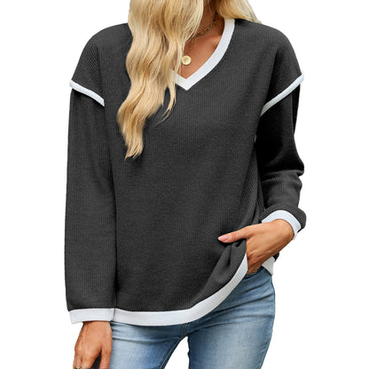 Women's Color Block V Neck Long Sleeve Knit Tunic Top