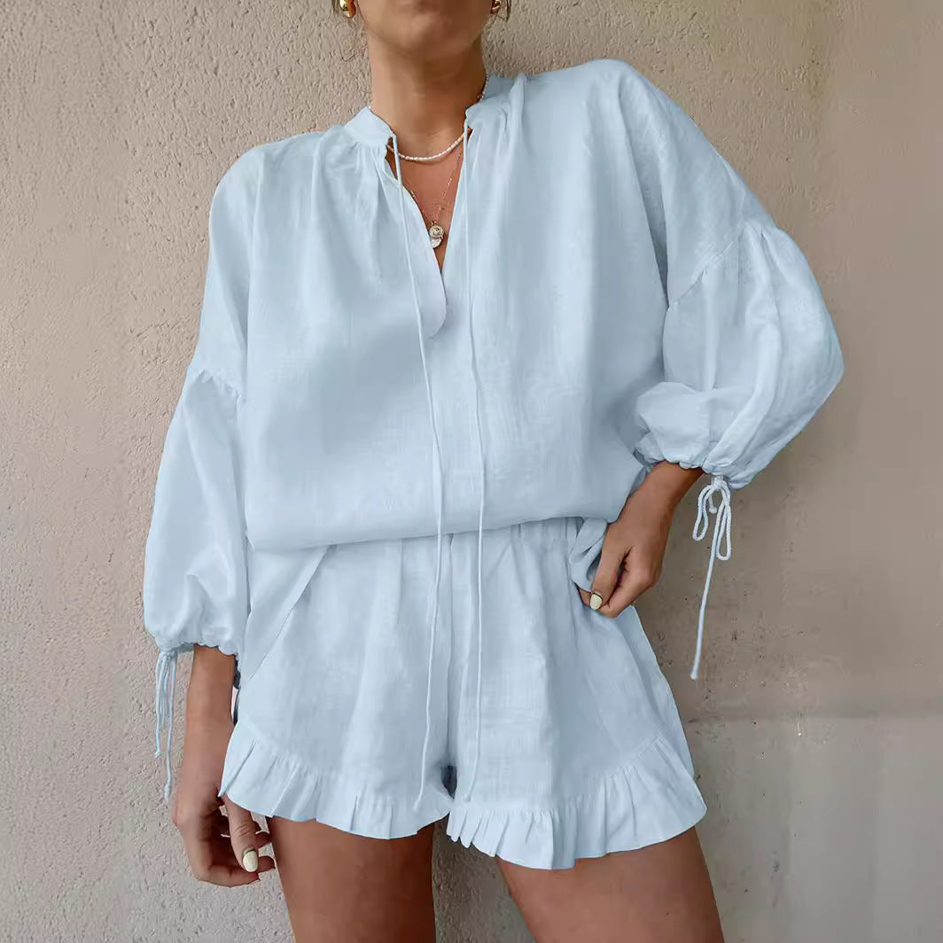 Cotton Linen Balloon Sleeve Tie Front Shorts Set