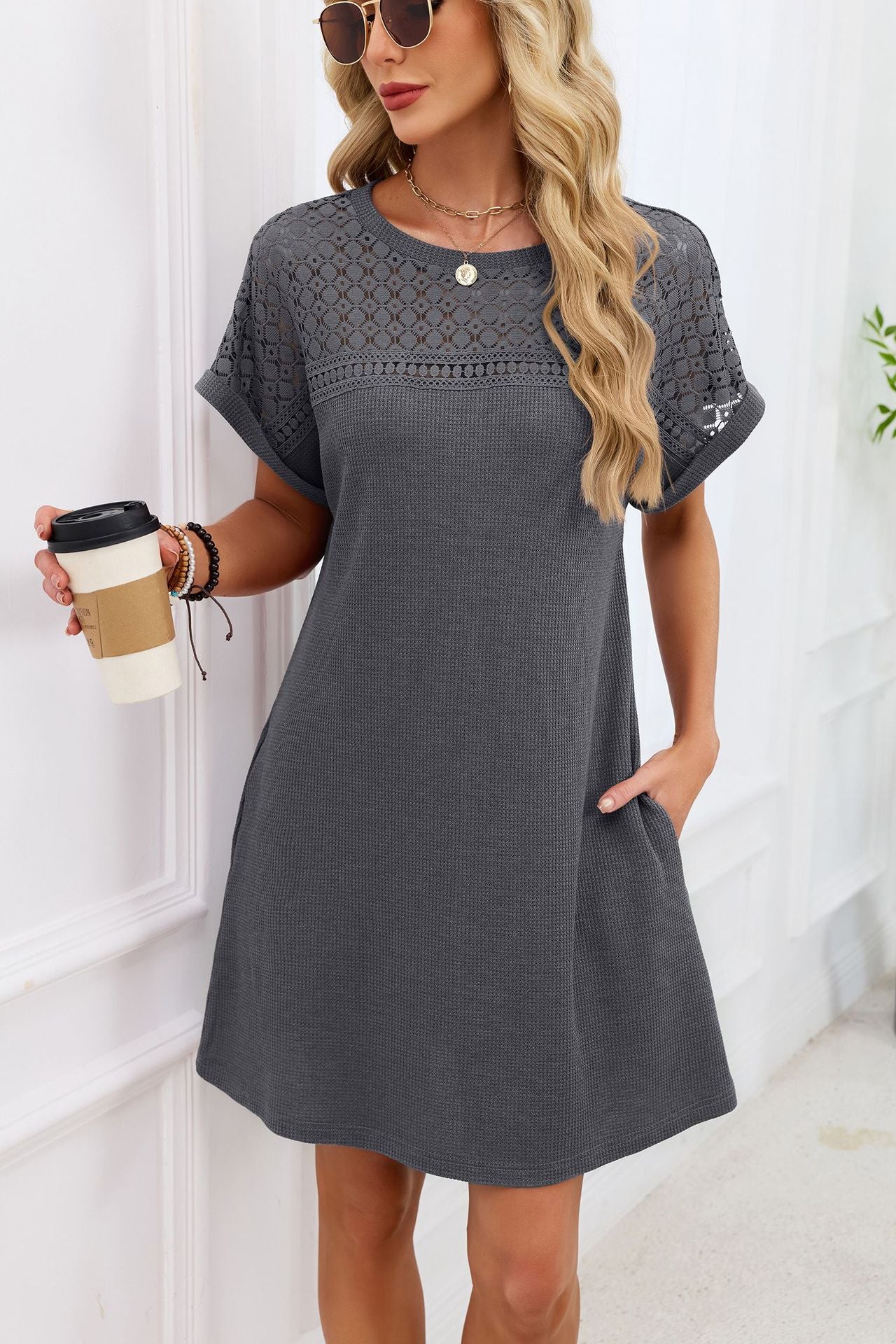 Blue Gray Yoke Loose T Shirt Dress Crew Neck
