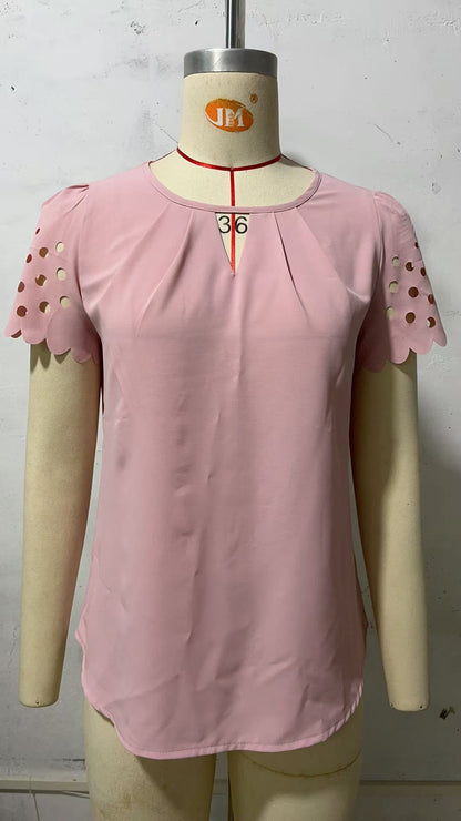 V Neck Eyelet Sleeve Chiffon Blouse Casual Summer Top