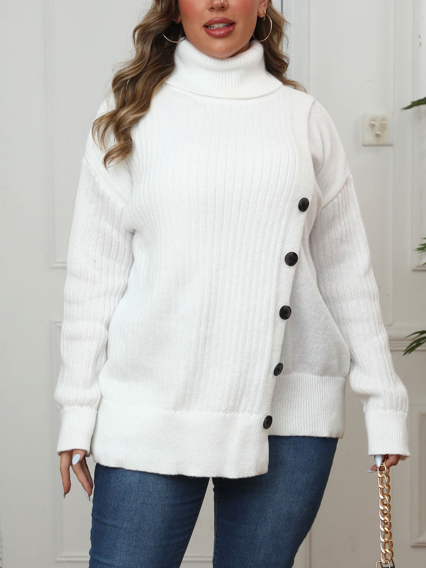 Women's Irregular Button Medium and Long Thickened Turtleneck Sweater