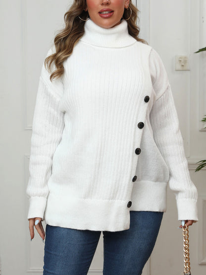 Women's Irregular Button Medium and Long Thickened Turtleneck Sweater