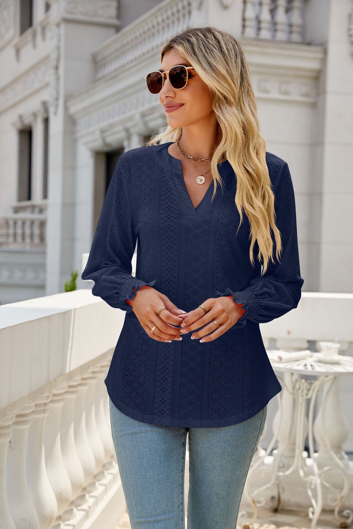 Women's Eyelet V-Neck Long Sleeve Ruffle Cuff Loose Blouse
