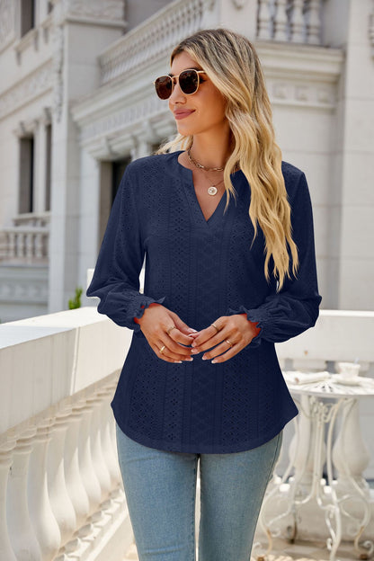 Women's Eyelet V-Neck Long Sleeve Ruffle Cuff Loose Blouse