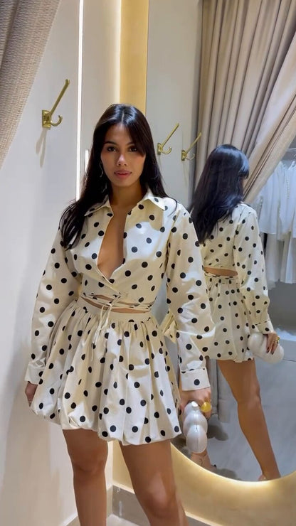 Sexy Polka Dot Cut Out Tie Front Mini Skirt Two Piece Set